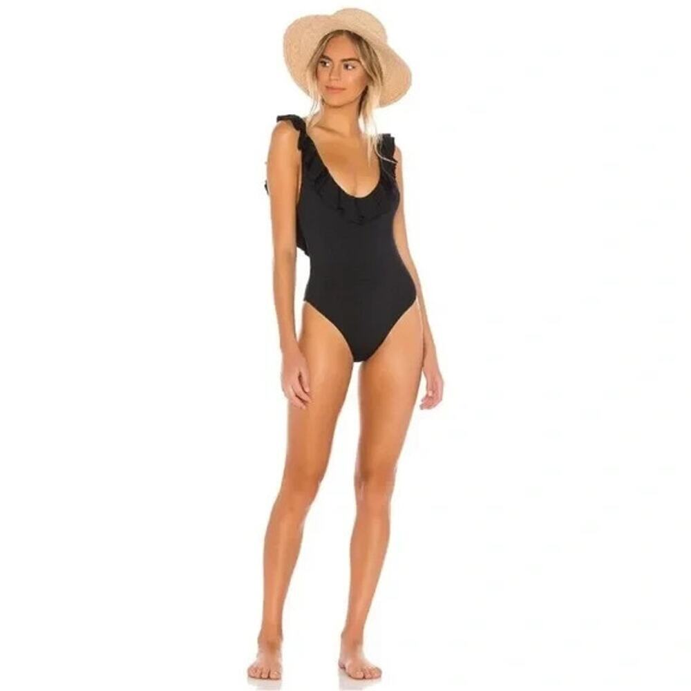 Eberjey Loreta Ruffle Scoop Back Solid Black One Piece Bathing Swim Suit Small